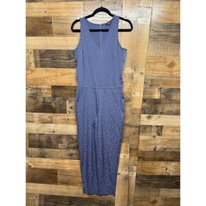 Athleta Brooklyn Textured Jumpsuit Navy Blue V Neck Sleeveless Wide Leg Size 6